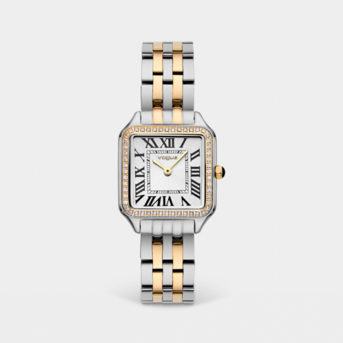 Victoria ρολόι με δίχρωμο χρυσό-ασημί μπρασελέ, λευκό καντράν και πέτρες