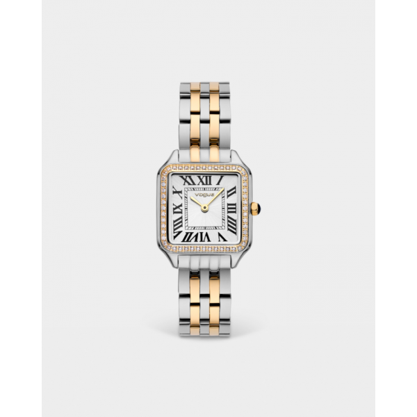 Victoria ρολόι με δίχρωμο χρυσό-ασημί μπρασελέ, λευκό καντράν και πέτρες