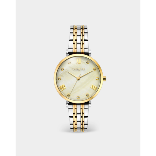 New Bliss ρολόι με δίχρωμο ασημί-χρυσό μπρασελέ και ροζ καντράν από φίλντισι