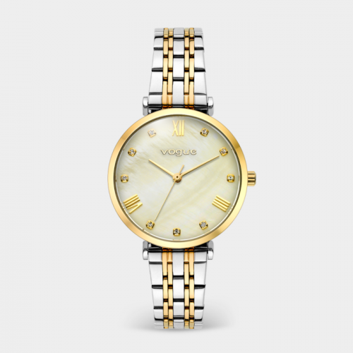 New Bliss ρολόι με δίχρωμο ασημί-χρυσό μπρασελέ και ροζ καντράν από φίλντισι