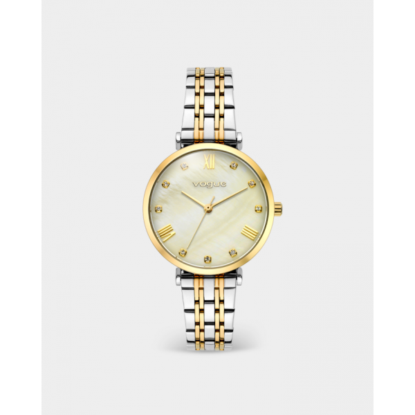 New Bliss ρολόι με δίχρωμο ασημί-χρυσό μπρασελέ και ροζ καντράν από φίλντισι