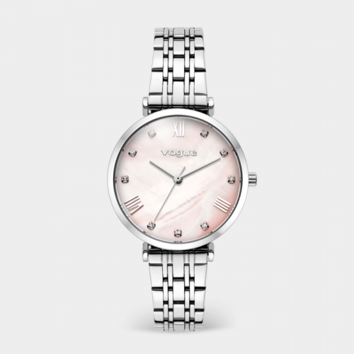 New Bliss ρολόι με ασημί ατσάλινο μπρασελέ και ροζ καντράν από φίλντισι