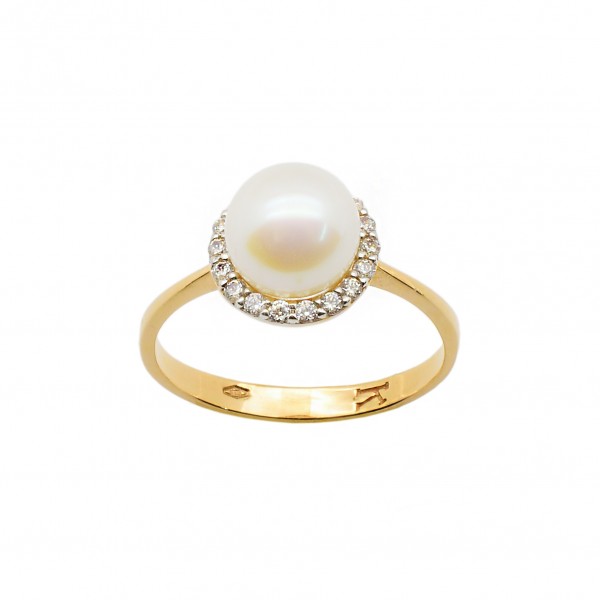 Rose Gold Ring K14 in Rosette Style with Pearl & Zircon