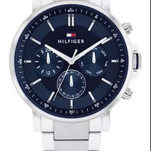 Ανδρικό ρολόι Tommy Hilfiger από ανοξείδωτο ατσάλι με μπλε καντράν και ασημί μπρασελέ.