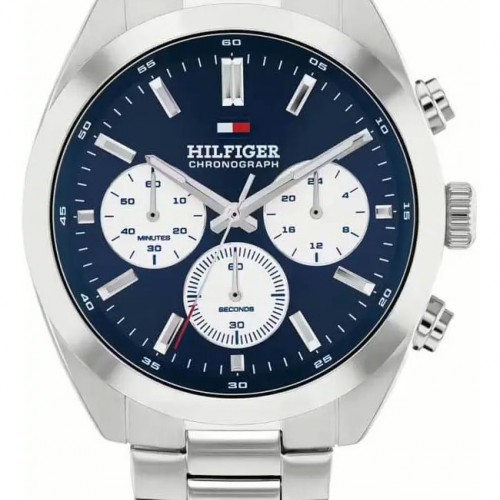 Ανδρικό ρολόι Tommy Hilfiger Chronograph από ανοξείδωτο ατσάλι με μπλε καντράν και ασημί μπρασελέ.