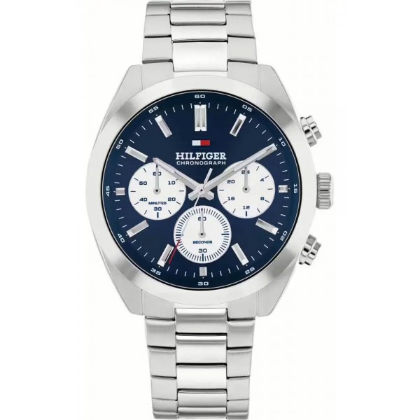 Ανδρικό ρολόι Tommy Hilfiger Chronograph από ανοξείδωτο ατσάλι με μπλε καντράν και ασημί μπρασελέ.