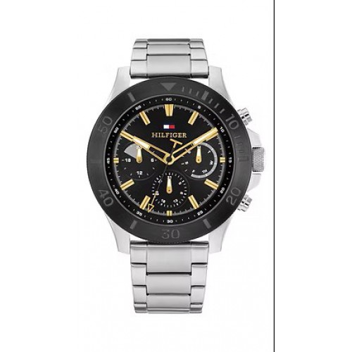 Ανδρικό ρολόι Tommy Hilfiger Chronograph από ανοξείδωτο ατσάλι με μαύρο καντράν και ασημί μπρασελέ.