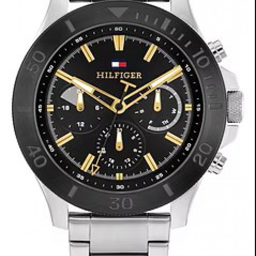 Ανδρικό ρολόι Tommy Hilfiger Chronograph από ανοξείδωτο ατσάλι με μαύρο καντράν και ασημί μπρασελέ.