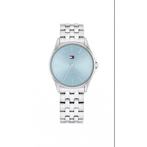 Γυναικείο ρολόι Tommy Hilfiger από ανοξείδωτο ατσάλι με γαλάζιο καντράν και ασημί μπρασελέ.