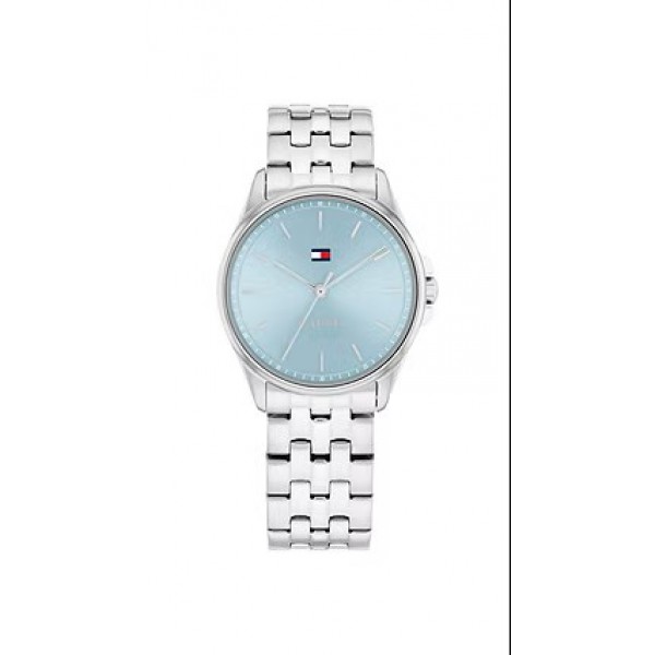 Γυναικείο ρολόι Tommy Hilfiger από ανοξείδωτο ατσάλι με γαλάζιο καντράν και ασημί μπρασελέ.