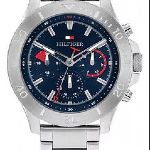 Ανδρικό ρολόι Tommy Hilfiger Multifunction από ανοξείδωτο ατσάλι με μπλε καντράν και ασημί μπρασελέ.