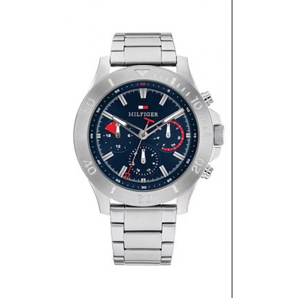 Ανδρικό ρολόι Tommy Hilfiger Multifunction από ανοξείδωτο ατσάλι με μπλε καντράν και ασημί μπρασελέ.