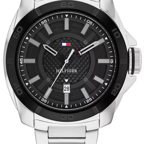 Ανδρικό ρολόι Tommy Hilfiger από ανοξείδωτο ατσάλι με μαύρο καντράν και ασημί μπρασελέ.
