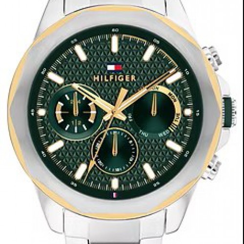 Ανδρικό ρολόι Tommy Hilfiger από ανοξείδωτο ατσάλι με πράσινο καντράν και ασημί μπρασελέ.