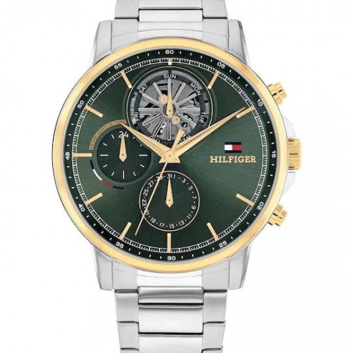 Ανδρικό ρολόι Tommy Hilfiger με πολλαπλές ενδείξεις από ανοξείδωτο ατσάλι με πράσινο καντράν.