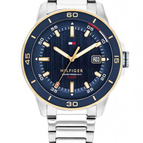 Ανδρικό ρολόι Tommy Hilfiger από ανοξείδωτο ατσάλι με μπλε καντράν και ασημί μπρασελέ.