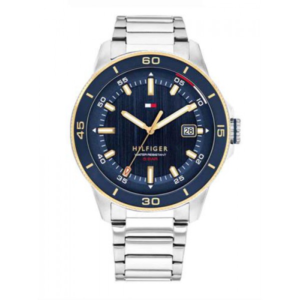 Ανδρικό ρολόι Tommy Hilfiger από ανοξείδωτο ατσάλι με μπλε καντράν και ασημί μπρασελέ.