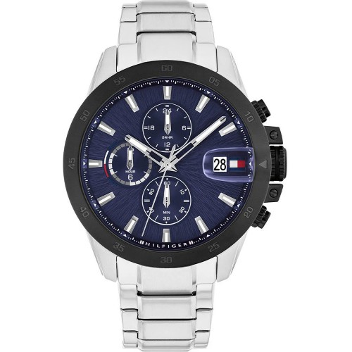 Ανδρικό ρολόι Tommy Hilfiger Chronograph από ανοξείδωτο ατσάλι με μπλε καντράν και ασημί μπρασελέ.