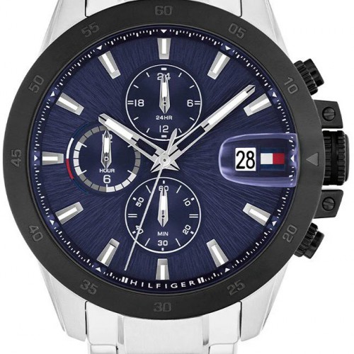 Ανδρικό ρολόι Tommy Hilfiger Chronograph από ανοξείδωτο ατσάλι με μπλε καντράν και ασημί μπρασελέ.